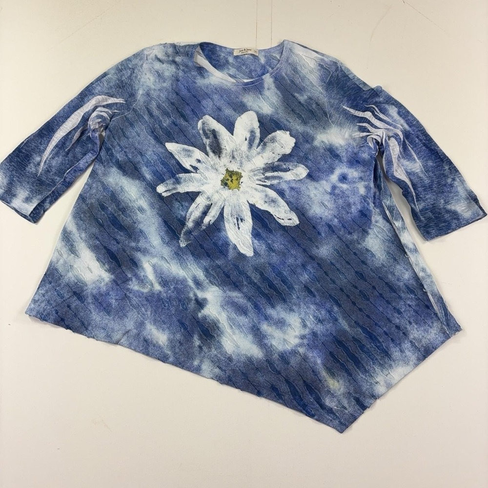 Jess & Jane T-Shirt Womens XL Blue Crew 3/4 Sleeve Floral High Low Tunic Top